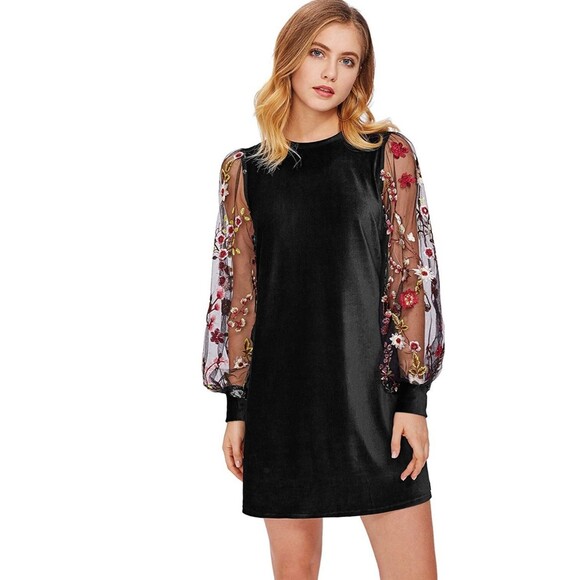 Tunic Dress Embroidered Floral Mesh Bishop Sleeves Mini  Romantic Cute Goth-L - Picture 1 of 12